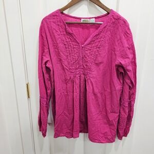 Collections Etc Pink Cotton Dobby Dot Lace V Neck Pintuck Blouse Top Size L